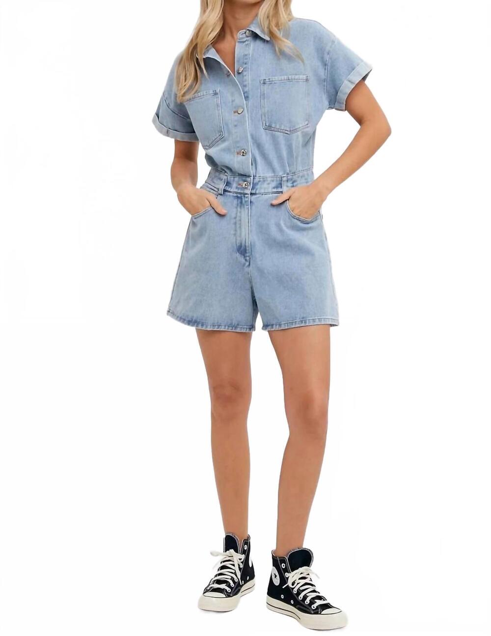 NEW BLUIVY denim button down shirt romper in blue